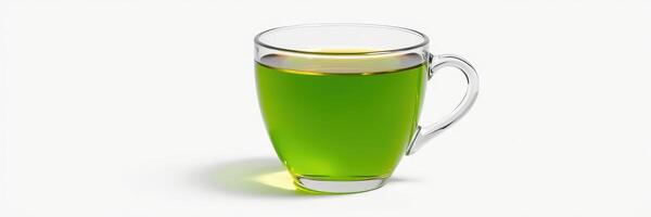 Freshly brewed green tea served in a clear glass cup on a light background for a refreshing drink photo