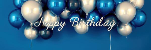 Colorful balloons create a festive atmosphere for a birthday celebration with a cheerful message against a blue background photo