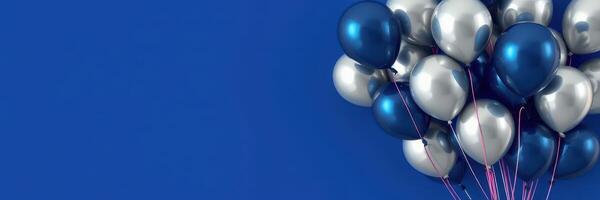 Festive blue and silver balloons floating against a vibrant backdrop for a celebration or event photo