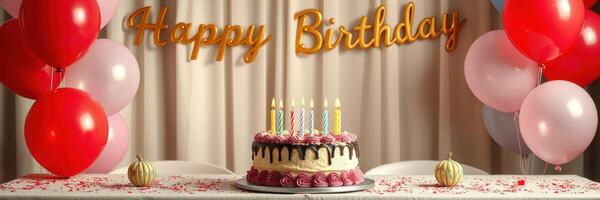 Festive birthday celebration featuring a decorated cake with candles and colorful balloons in a cheerful setting photo
