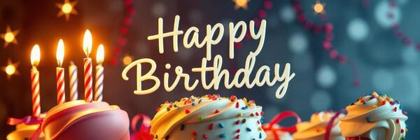 Birthday celebration with colorful cakes and candles in a festive atmosphere photo