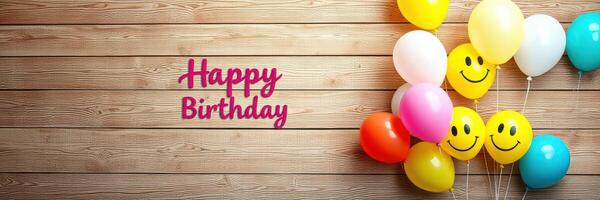 Bright and cheerful birthday celebration with colorful balloons and festive message on wooden background photo