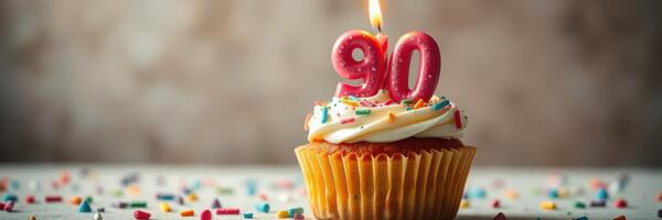 Celebrating a milestone birthday with a vibrant cupcake topped with a candle and colorful sprinkles photo