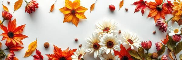 Colorful autumn flowers and leaves arranged on a white background for a seasonal decoration photo