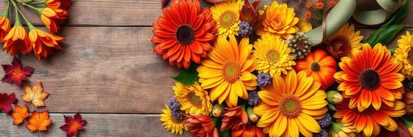Vibrant autumn flowers arranged beautifully on rustic wooden background for seasonal decoration photo