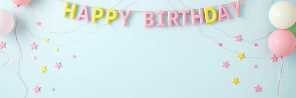 Colorful birthday decorations with balloons and stars creating a festive atmosphere for a celebration photo