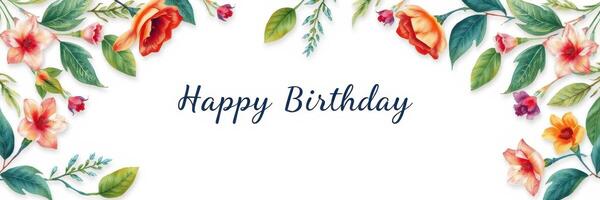 Happy birthday greeting card design with colorful floral arrangement around the message, perfect for celebrations and special occasions photo