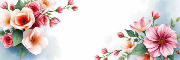 Colorful floral design featuring pink and red blooms on a soft blue background in a peaceful setting photo