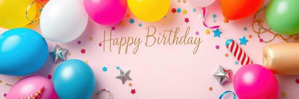 Colorful birthday celebration with balloons, confetti, and decorations for a festive atmosphere photo