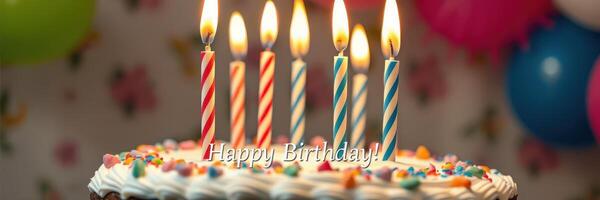 Celebrate a joyful birthday with a beautifully decorated cake and lit candles creating a festive atmosphere for friends and family gathering photo