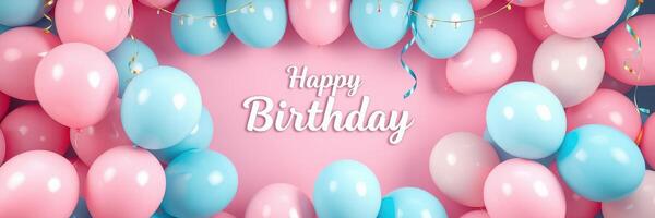 Colorful birthday celebration decorations with pink and blue balloons creating a festive atmosphere photo