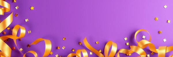 Festive decorations with gold ribbons and confetti on a vibrant purple background for celebrations photo
