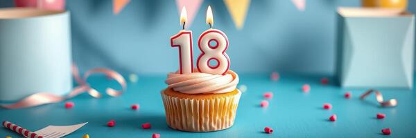 Colorful cupcake celebrating an 18th birthday with candles on a festive table photo
