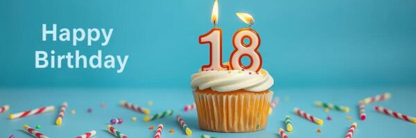 Celebrate an 18th birthday with a festive cupcake adorned with candles and colorful confetti photo
