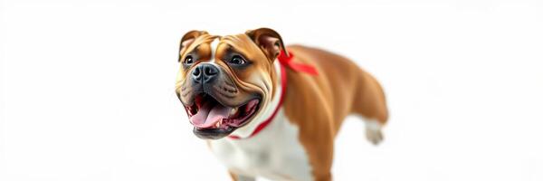 Happy brown and white dog playing in a bright studio with a red collar photo