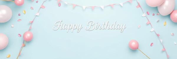 Birthday celebration backdrop with balloons and decorative banner for joyful event photo
