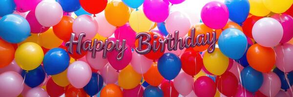 Colorful festive balloons create a joyful backdrop for a birthday celebration with cheerful decorations photo