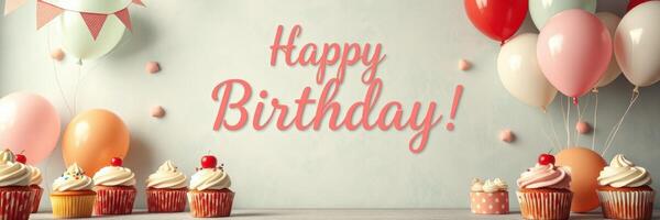 Festive birthday celebration with colorful decorations and cupcakes on display for a joyous occasion photo
