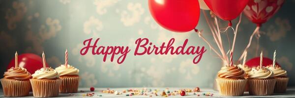 Birthday celebration with cupcakes, balloons, and festive decorations creating a joyful atmosphere photo