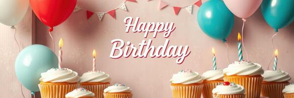 Birthday celebration with colorful balloons and delicious cupcakes decorated with frosting and candles photo