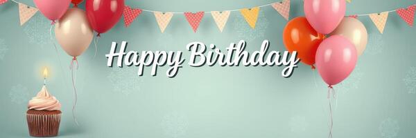 Festive birthday celebration with colorful balloons and a cupcake on a pastel background photo