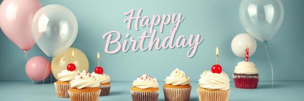Celebration of a joyful birthday with cupcakes and colorful balloons in a festive atmosphere photo