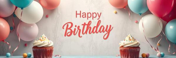 Colorful birthday celebration with cupcakes and balloons in a festive setup photo