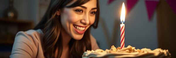 Joyful birthday celebration with a woman smiling at a cake with a lit candle during a festive gathering with decorations photo