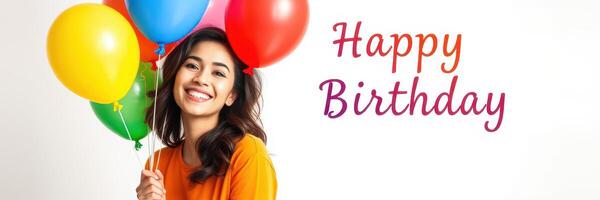 Celebrating a joyful birthday with colorful balloons and a cheerful young woman in a vibrant top photo