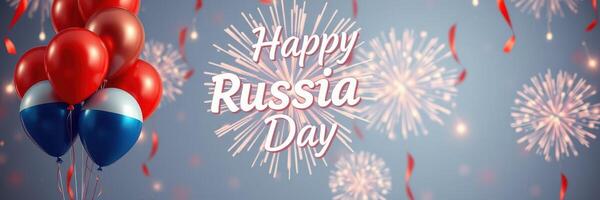 Celebration of Russia Day with festive balloons and fireworks in the background during a vibrant outdoor event photo