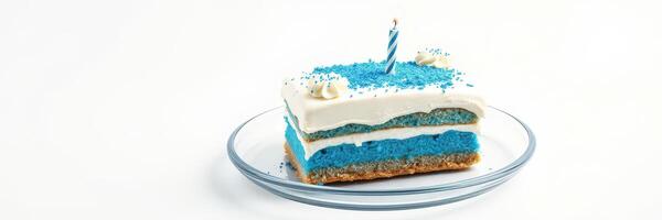 Bright blue cake slice with birthday candle and cream frosting on a clear plate photo