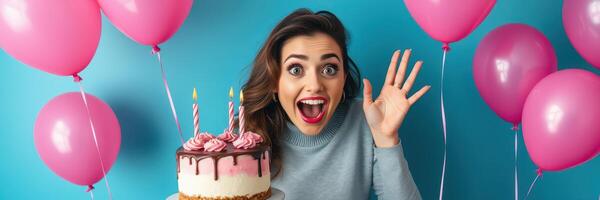 Excitement fills the room as a woman celebrates with a cake at a birthday party photo
