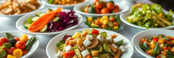 Colorful assortment of fresh salads and vegetables served at a buffet photo