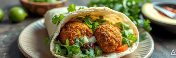 Delicious wrap filled with falafel, fresh vegetables, and herbs on a plate photo