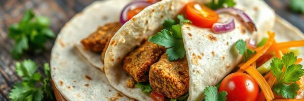 Delicious soft tacos filled with crispy chicken, fresh vegetables, and herbs served on wooden table photo