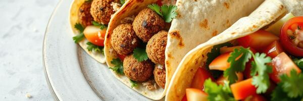 Delicious falafel wraps filled with fresh vegetables and herbs served on a plate photo