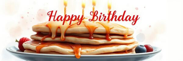 Delicious birthday pancakes decorated with candles and syrup ready to celebrate a joyful occasion photo