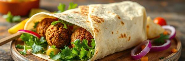 Delicious falafel wrap on a wooden platter with fresh vegetables and herbs in a cozy setting photo