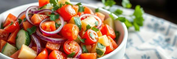 Fresh vegetable salad made with tomatoes, cucumbers, and onions in a white bowl, garnished with herbs on a patterned cloth photo