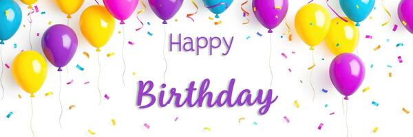 Colorful balloons and confetti create a festive birthday celebration atmosphere with joyful greetings for all ages photo