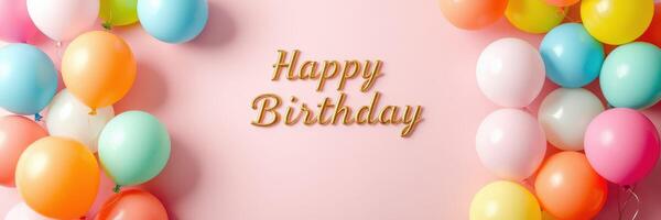 Festive birthday celebration with colorful balloons and cheerful happy birthday message photo