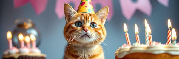 Cute orange cat wearing a party hat sits in front of birthday cakes celebrating a special occasion with friends photo