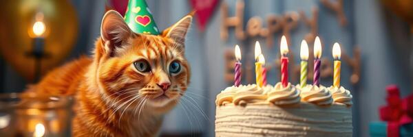 Celebration with a party cat wearing a colorful hat next to a cake adorned with candles in a festive setting photo