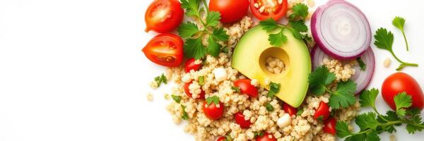 Colorful salad with quinoa, tomatoes, avocado, and onions arranged on a white plate during midday photo
