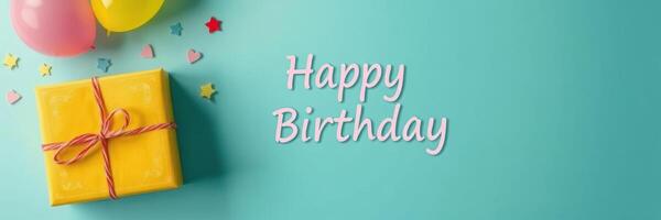 Celebrate a joyful birthday with colorful balloons, a gift box, and festive decorations against a bright background photo