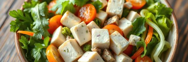 Colorful vegetable salad with tofu served in a wooden bowl photo