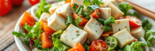 Fresh salad with tofu, cherry tomatoes, and mixed greens served on a wooden table photo