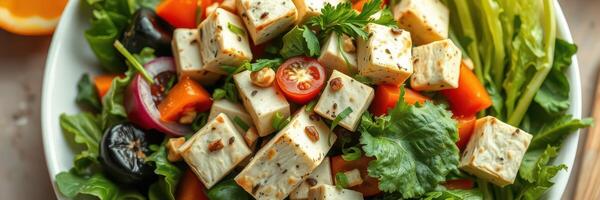 Fresh garden salad with tofu, tomatoes, and mixed greens served in a bowl photo