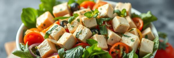 Delicious salad with fresh vegetables and tofu served in a vibrant bowl for healthy eating photo