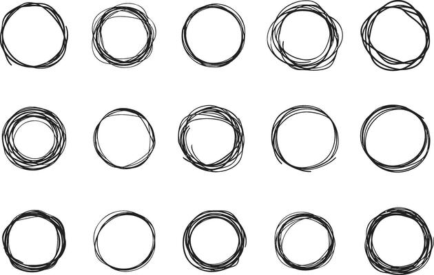 A set of different circles drawn in black ink